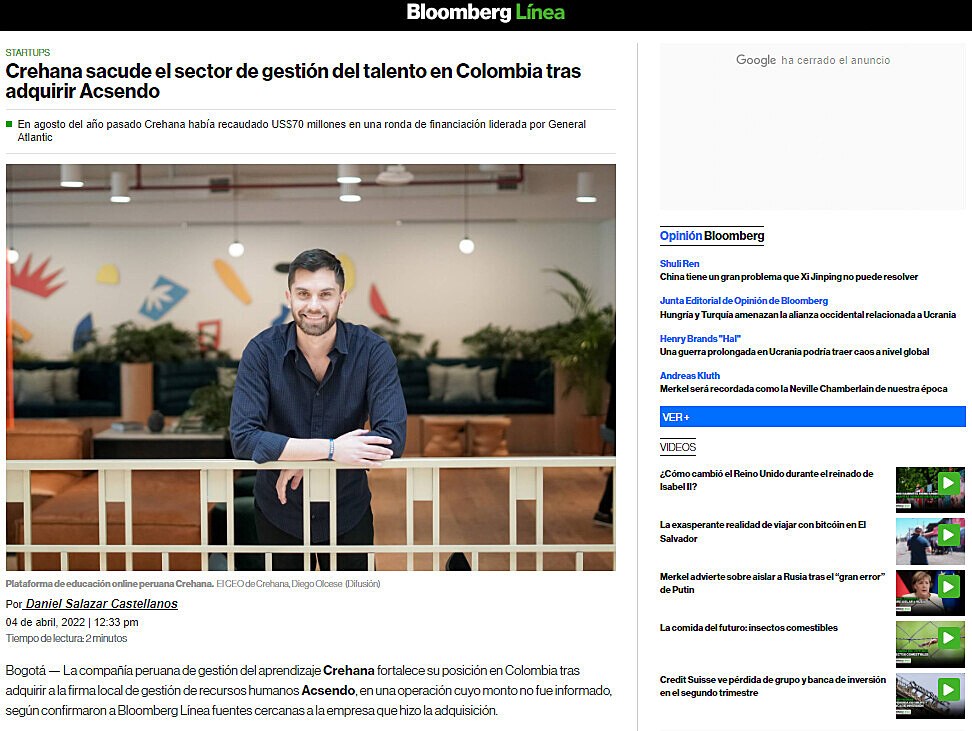 Crehana sacude el sector de gestin del talento en Colombia tras adquirir Acsendo